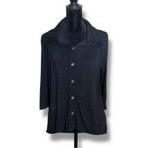 Weavers Elegant 3/4 Sleeve Collared Lace Detailed Back Black Button Down Shirt